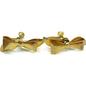 Bow w Ribbon Vintage Gold Plated Sterling Silver Screw Back Earrings Patina